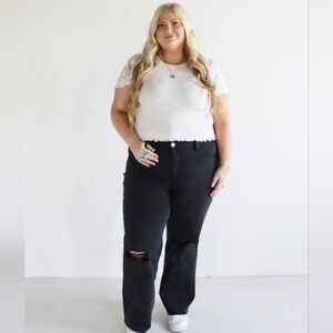 RFM Los Angeles Black Wash Distressed Wide Leg Tummy Control Jeans 18